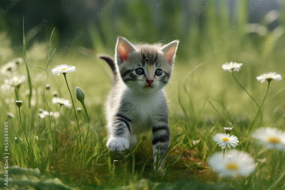 Funny playful hungry curious tabby kitten walks on grass with flowers outdoors in the garden and looks around. Pet care, healthy eating concept