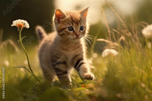 Funny playful red ginger curious tabby kitten walks on grass with flowers outdoors in the garden and looks around. Pet care, healthy eating concept.