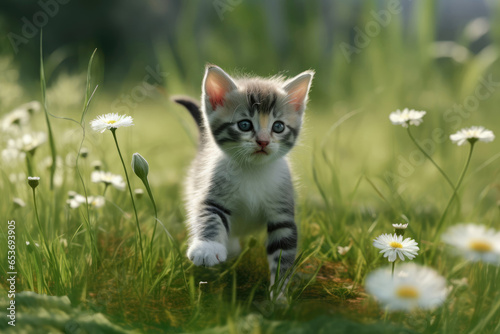 Funny playful hungry curious tabby kitten walks on grass with flowers outdoors in the garden and looks around. Pet care, healthy eating concept © Georgi