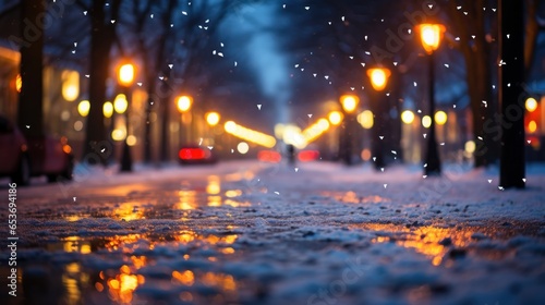 Evening empty street in winter with Christmas lights. Coziness. Winter decorations. Snowy road with street lights reflection. Winter season
