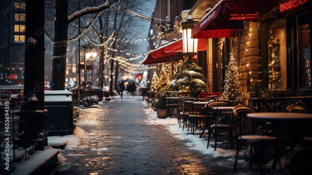 Winter atmosphere. Cozy restaurant with chirtsmas decorations. Empty winter street with snowy road and lights. Evening time