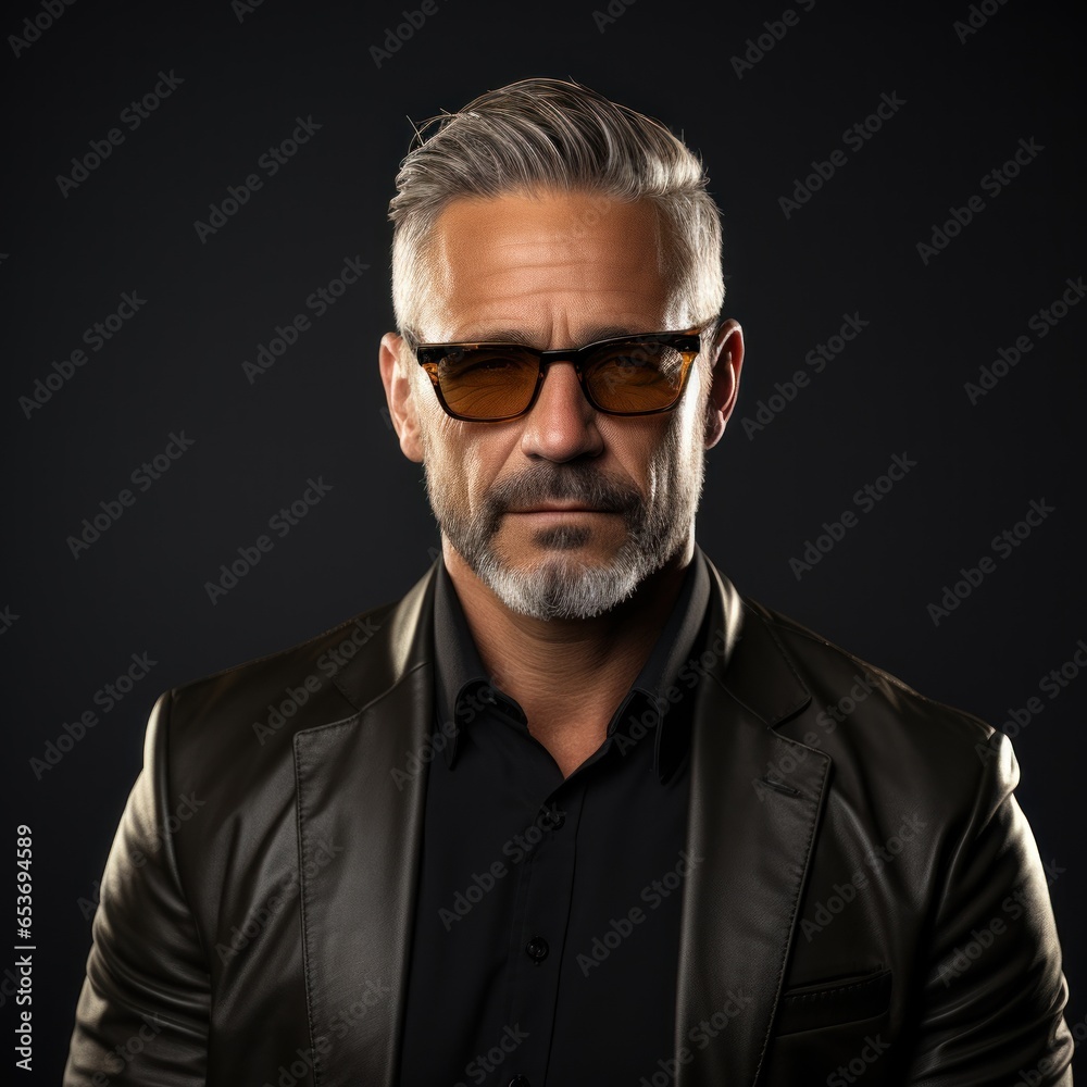 Handsome, stylish man, businessman in leather brown jacket and sunglasses standing over black background. Confidence. Concept of business Handsome, stylish man, businessman in leather brown jacket and sunglasses standing over black background. Confidence. Concept of business