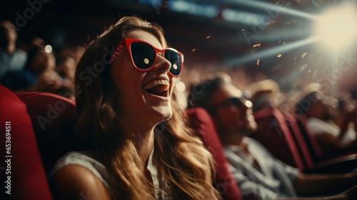 Close-up of emotional young woman in 3 glasses laughing, watching comedy movie in cinema. Leisure time activity. Emotions, fun and hobby