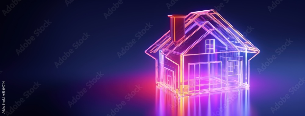 Pink and blue neon lit virtual schematic house with copy space for real estate market for sale concept