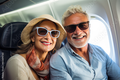 Smiling senior couple on vacation traveling by airplane. Couple sitting on a plane © Ivan Guia