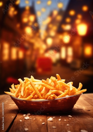French fries chips in basket on table  street junk food  oktoberfest. Generative Ai
