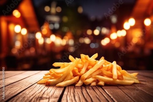 French fries chips in basket on table, street junk food, oktoberfest. Generative Ai