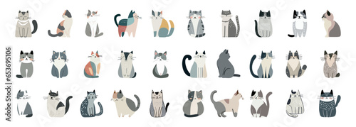 Cute cats pack. For t-shirt, banner, style, print, card, product, vector illustration. Flat cartoon vector illustration. Isolated on white background.