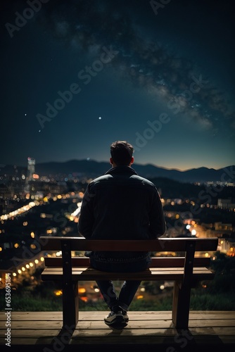 Man Silhouette on Wooden Bench Gazing at Starry Night Sky. Generative AI.