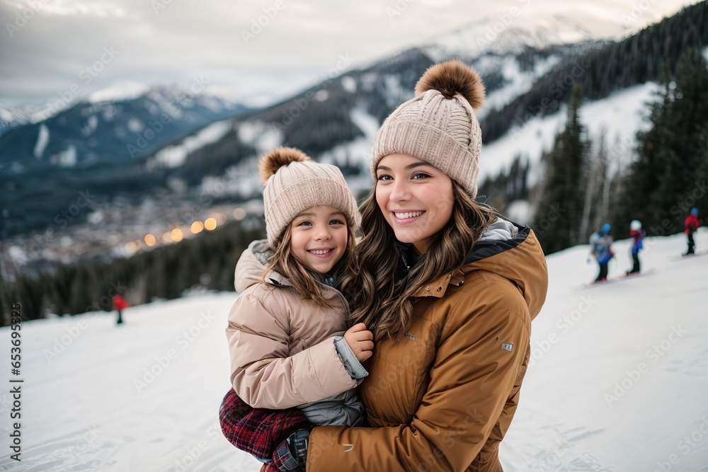 Smiling Mother and Daughter in Beanies and Coats at Ski Resort Smiling Mother and Daughter in Beanies and Coats at Ski Resort