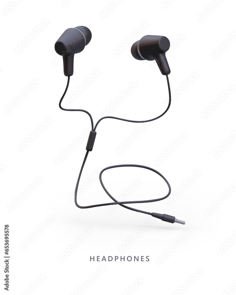 Wired black headphones, earphones. Realistic image. Personal acoustic gadget. Isolated illustration with shadow. Vector poster, sign for silence, mute Wired black headphones, earphones. Realistic image. Personal acoustic gadget. Isolated illustration with shadow. Vector poster, sign for silence, mute