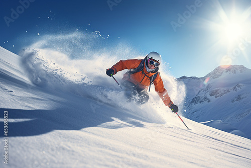 Skier sliding down a snowy slope