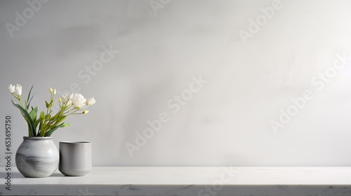 Minimalist white flowers in ceramic vases on a marble surface