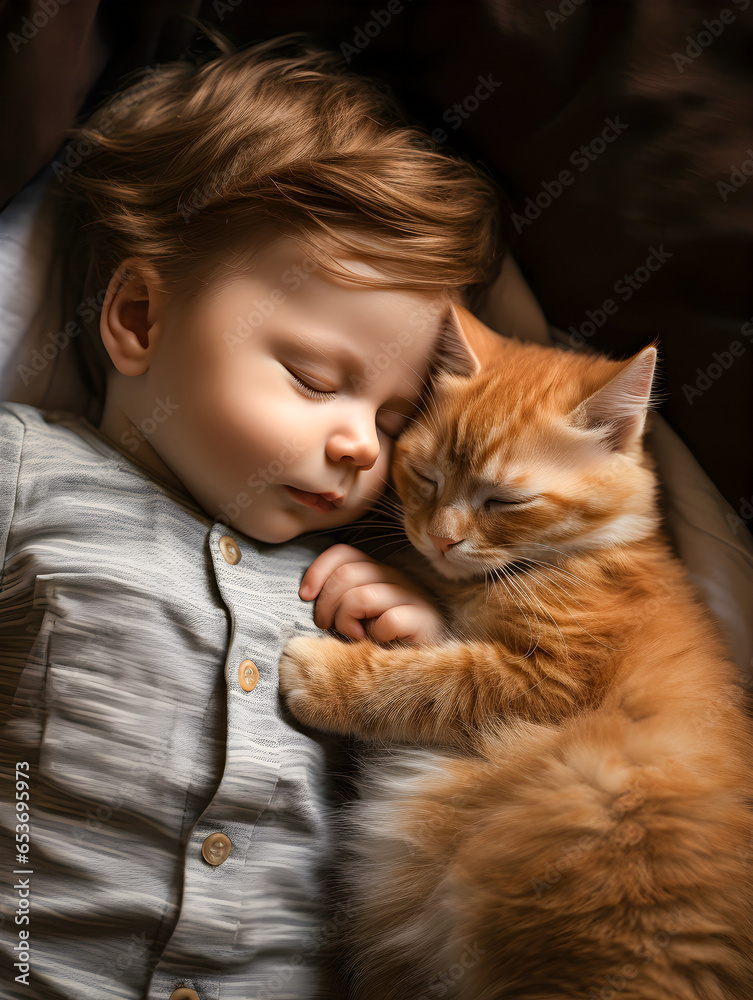 little boy sleeps with red kitten little boy sleeps with red kitten
