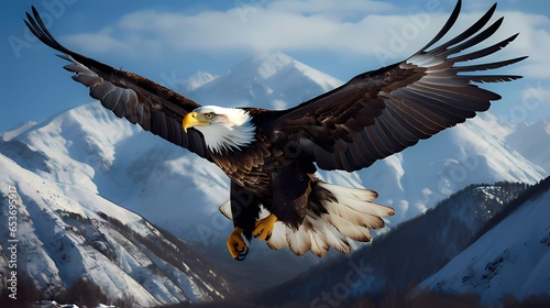 A majestic eagle soaring high against a snow-capped mountain 