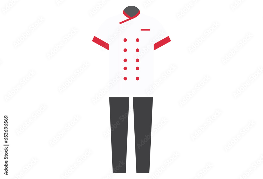 A chef uniform typically consists of a double-breasted jacket with a mandarin collar and matching pants, both in solid colors such as white or black, chefs may wear protective gloves and non-slip shoe - obrazy, fototapety, plakaty 