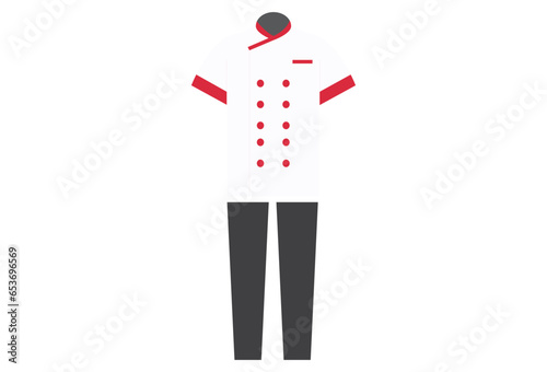 A chef uniform typically consists of a double-breasted jacket with a mandarin collar and matching pants, both in solid colors such as white or black, chefs may wear protective gloves and non-slip shoe