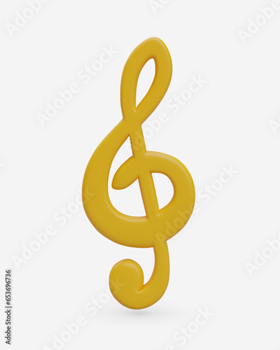 Realistic treble clef on white background. Yellow beautiful musical symbol. Golden violin key concept. Music concept. Colorful vector illustration in 3d style