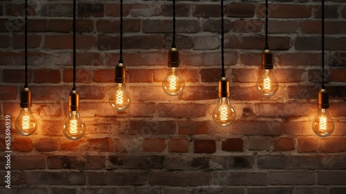 antique Edison-style filament light bulbs arranged in a visually appealing pattern against a weathered brick wall.