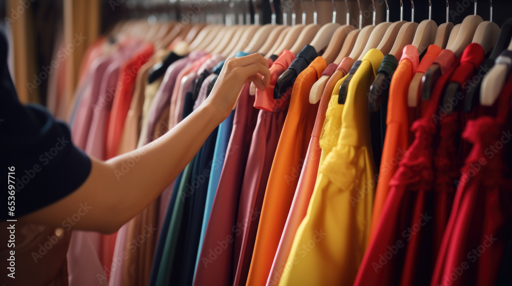 Women shopping in fashion mall, choosing new clothes, looking through hangers, close up of hands.