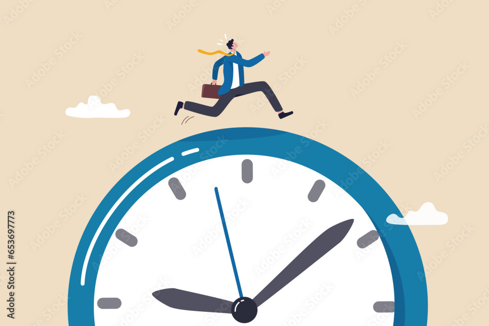 Time run out, deadline or hurry to go to the office late, urgency or determination to finish work fast, stressed or anxiety to complete work concept, hurry businessman run fast on time run out clock. - obrazy, fototapety, plakaty 