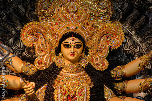 Canvas Print Idol of Goddess Devi Durga at a decorated puja pandal in Kolkata, West Bengal, India