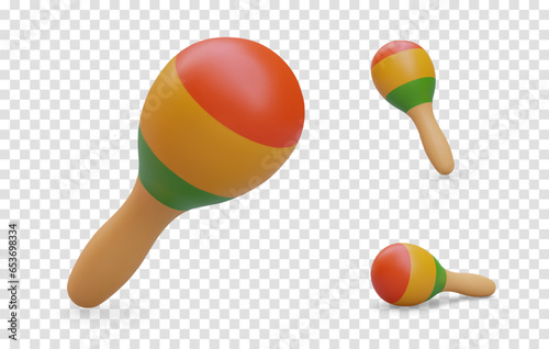 Set of isolated maracas in different positions. Folk percussion and noise musical instrument. Color realistic image. Wooden children toy. Vector icons