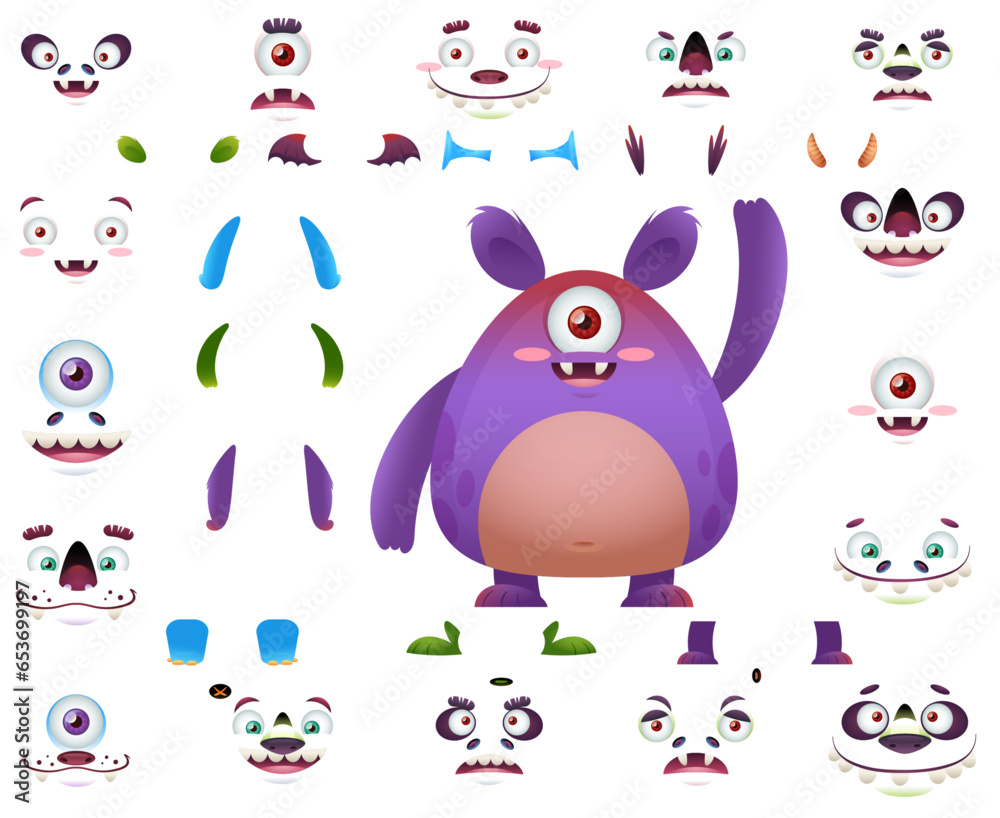 Naklejka premium Cute monster cartoon character constructor kit with body parts changeable eyes, ears, horns, mouths, teeth, legs, hands, tails for monster creation