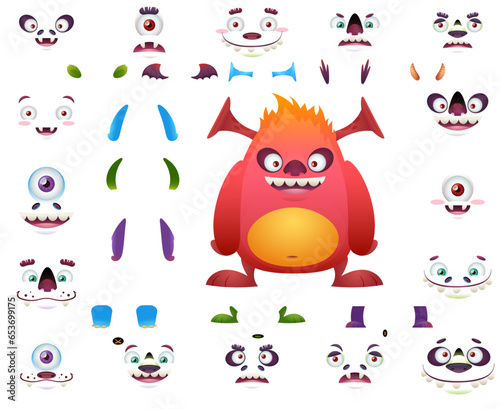 Cute monster cartoon character constructor kit with body parts changeable eyes, ears, horns, mouths, teeth, legs, hands, tails for monster creation