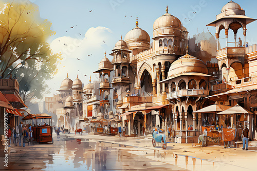 Indian Street. Illustration. Watercolor style © Katsiaryna