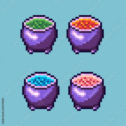 Pixel art sets of halloween cauldron witch with variation color item asset simple bits of cauldron on pixelated style 8bits perfect for game asset or design asset element for your game design asset