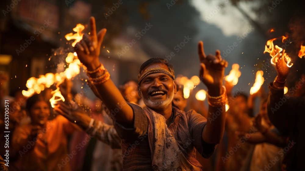 Unidentified Hindu people celebrate Holi or Diwali festival.