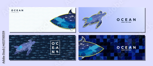 Set of Marine and ocean concept paper art banner templates with copy space. Blue paper origami ocean inside fish and turtle shaped gold frames with turtle, jelly fish, and fishes. Vector Illustration.