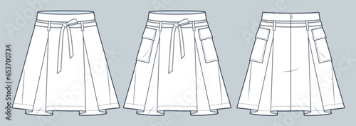Pleated Skirt technical fashion illustration. Mini Skirt fashion flat technical drawing template, back zipper, pockets, front and back view, white, women CAD mockup set.