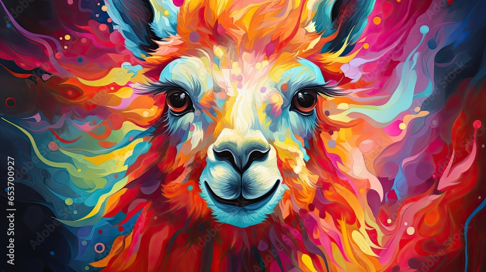 Zbliżenie na głowę kolorowej alpaki namalowanej na abstrakcyjnym obrazie.  - obrazy, fototapety, plakaty 