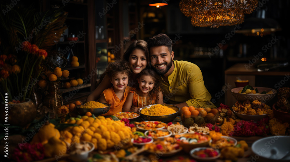 Indian family celebrating diwali festival with indian food.