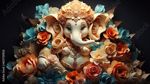 Hindu God Ganesha statue made of flowers.