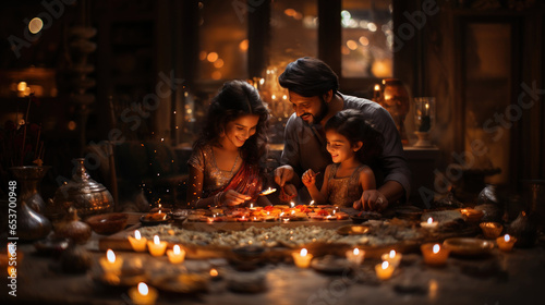 Indian family celebrating diwali festival with lit candles and sweets.