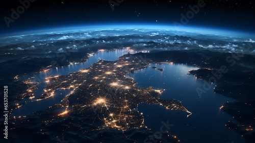View from space of earth oceans and lights from cities are visible, AI Generative