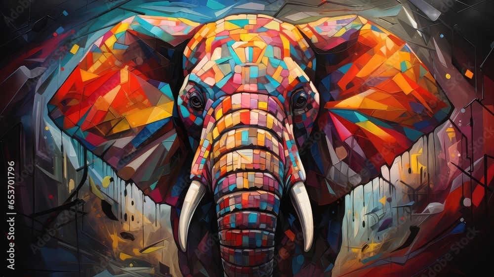 Kolorowy słoń w kolorach całej tęczy przedstawiony na abstrakcyjnym obrazie.  - obrazy, fototapety, plakaty 