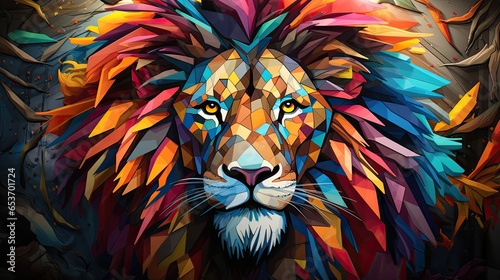 Kolorowy lew w kolorach ca  ej t  czy przedstawiony na abstrakcyjnym obrazie. 