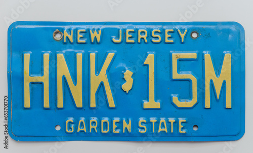 Vintage, classic blue New Jersey, Garden State licence plate from the 80's, 90's. Vintage, retro. 