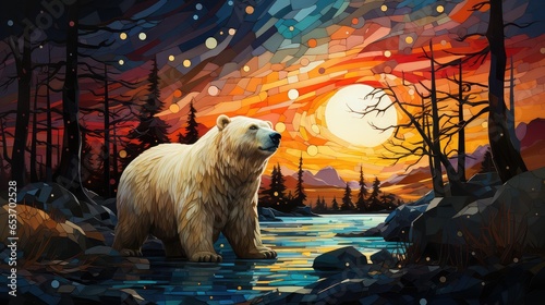 Niedźwiedź polarny w zimowym lesie. 