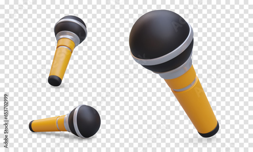 Set of 3D microphones. Gadget for recording sound. Instrument of singer, presenter, entertainer. Vector object in different positions. Device for karaoke