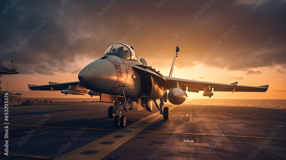 Jet fighter on an aircraft carrier at sunset in evening, generative AI - obrazy, fototapety, plakaty 