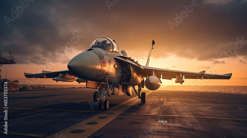 Jet fighter on an aircraft carrier at sunset in evening, generative AI photo
