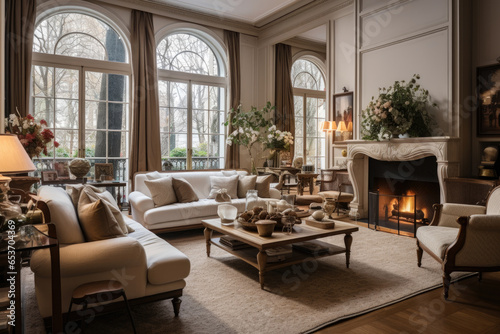 Step into a timeless haven of elegance and cozy charm with a traditional living room interior featuring furniture  artwork  antique lamps  and a warm fireplace.