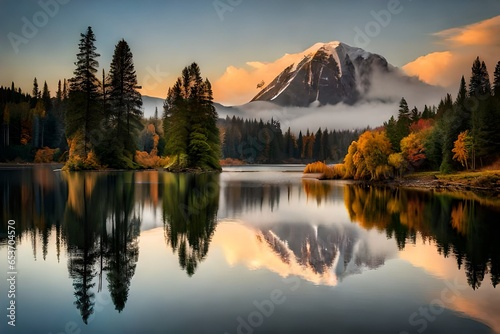 sunrise over the lake with reflection of moutains and trees