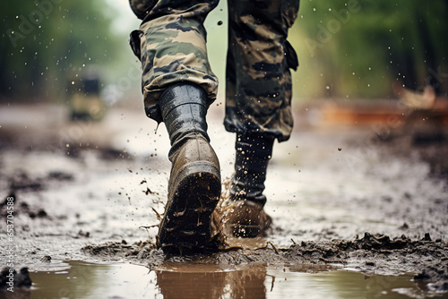 Made with generative AI close up image of a military male person running on rainy muddy battlefield ground photo