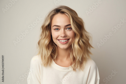 Generative AI illustration collage charming blonde woman smiling white teeth good mood isolated pastel color wall background